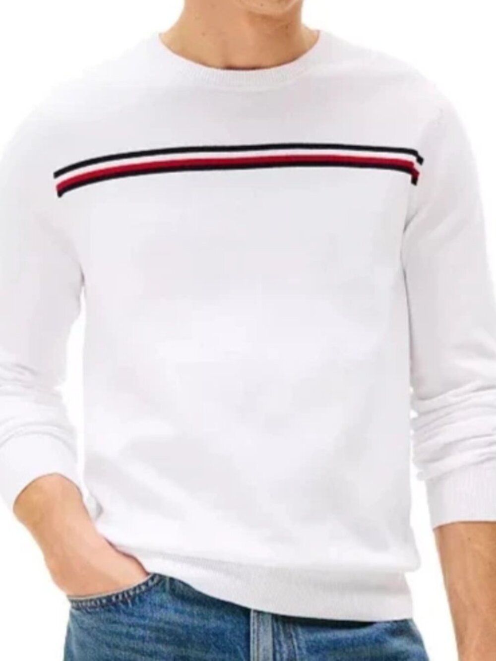 Tommy Hilfiger Men's Chest Stripe Long Sleeve Crew Neck Sweater, White, Size L